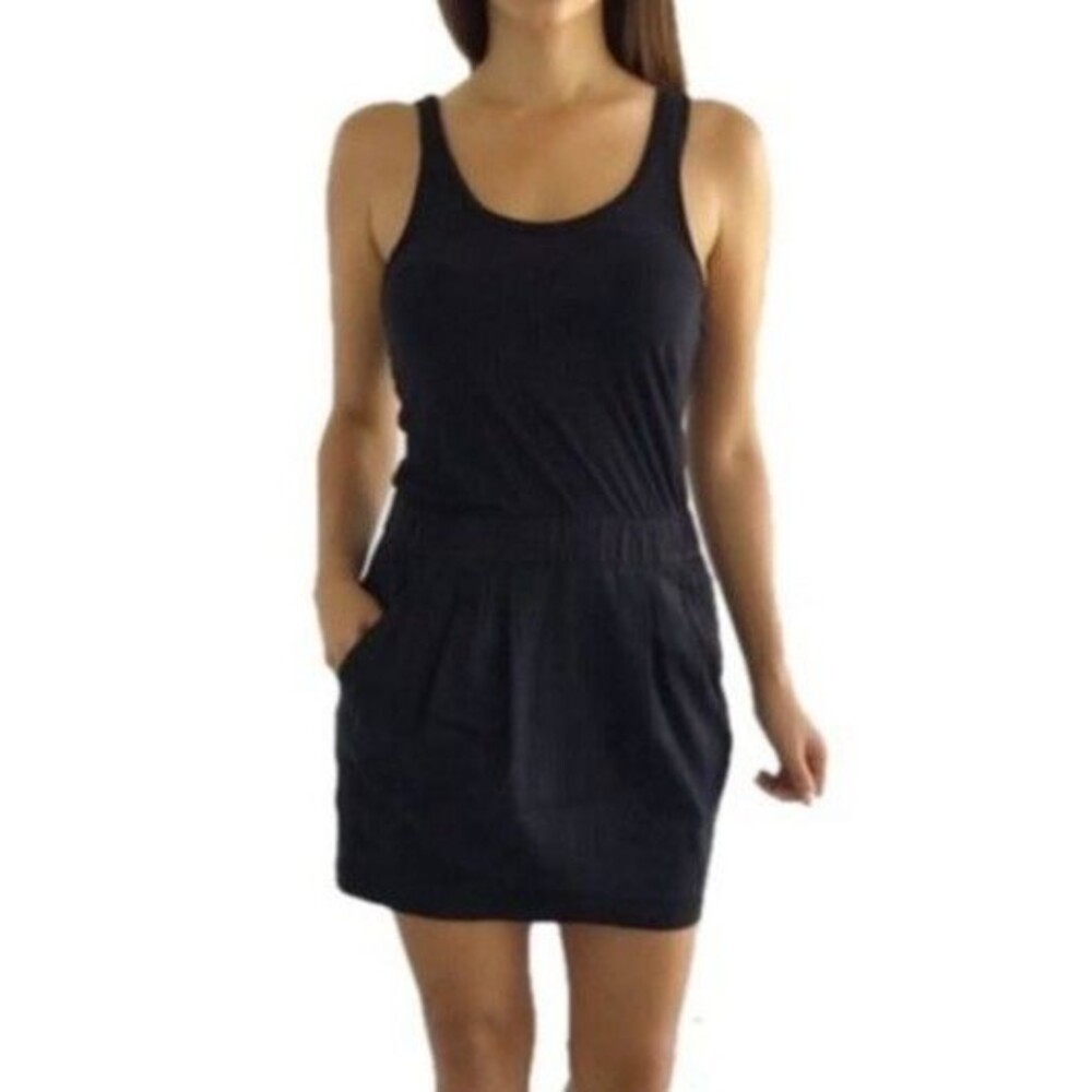 Theory Arendi Tank Dress Size S Black Scoop Neck Linen Blend Pockets Pleated